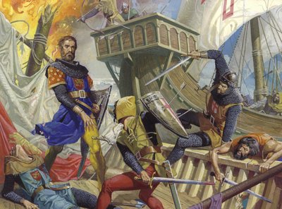 Marco Polo tillfångatagen av genuanerna, 1900-talet (gouache på papper) av Severino Baraldi