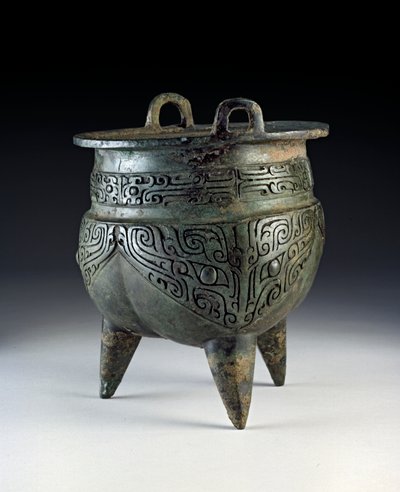 Li-kärl, bärande taotie-design, Erligangperiod, Shangdynastin, ca 1500-1050 f.Kr. (brons) av Shang Dynasty Chinese School