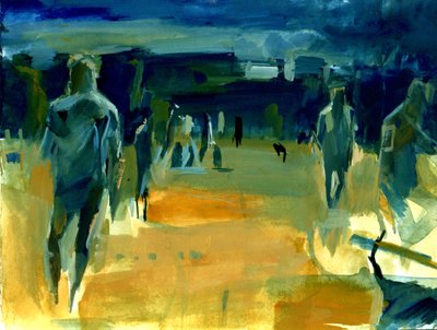 Figurer i parken, 2024 (akryl och collage) av Shaun Carey