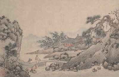 Landskap med man som korsar bron. av Shen Zhou