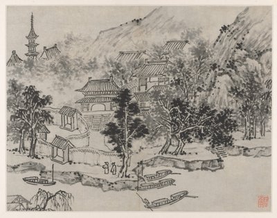 Tolv vyer över Tiger Hill, Suzhou: Avlägsen vy över Tiger Hill från Canal Mooring av Shen Zhou