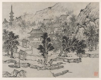 Tolv vyer över Tiger Hill, Suzhou: Avlägsen vy över Tiger Hill från Canal Mooring, efter 1490. av Shen Zhou