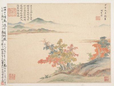Autumn Landscape, blad från Album for Zhou Lianggong, ï½"ï½ï½"ï½...ï½" 1654 (blad från ett kollektivt album med många blad; bläck och färg på papper) av Shengmo Xiang