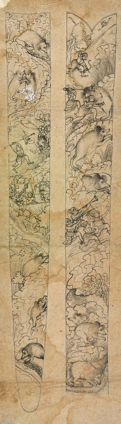 En raja som jagar vildsvin, design för en skida, ca. 1750-1760. av Shevdar Gangeyagi