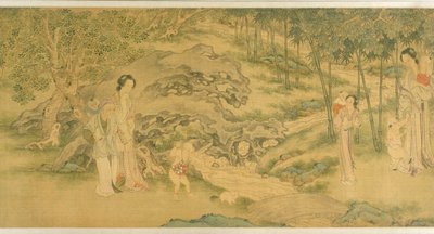 Kvinnor och barn i en trädgård (bläck & färg på siden) av Shi Wang