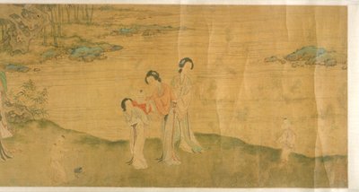 庭の女性と子供たち（シルクにインクと彩色）スウェーデン語 av Shi Wang