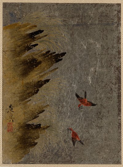 Fåglar och utskjutande stenar. av Shibata Zeshin