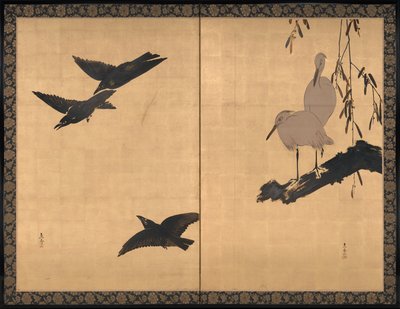 Ägretthägrar och kråkor av Shibata Zeshin