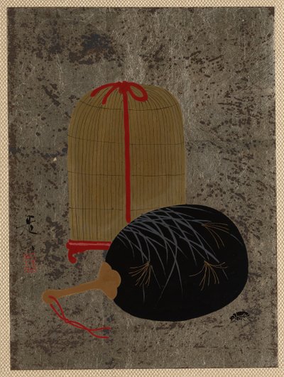 Fläkt och insektsbur. av Shibata Zeshin