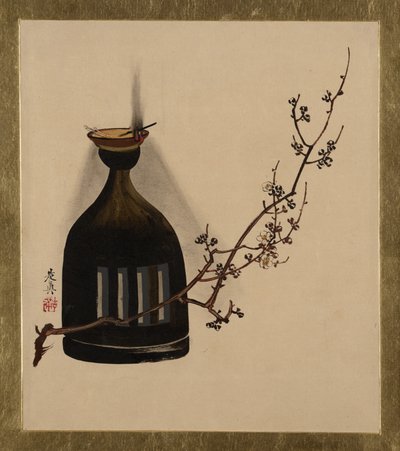 Lackmålningar av olika ämnen: Plommongren med oljelampa, 1882. av Shibata Zeshin