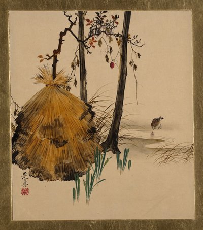 Lackmålningar av olika ämnen: Snow Shelter for a Tree with Sparrow, 1882. av Shibata Zeshin