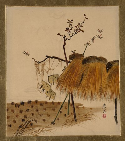 Lackmålningar av olika ämnen: Stack of Rice and Dragonflies, 1882. av Shibata Zeshin