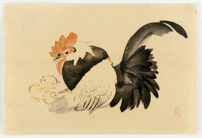 Tupp, höna och kycklingar, Meiji-eran, 1870-79 (trätryck i färg) av Shibata Zeshin