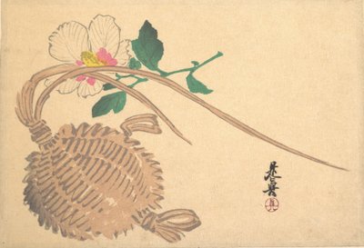 Straw Basket for Fish and Mokuge Flower, ca. 1875., ca. 1875. av Shibata Zeshin