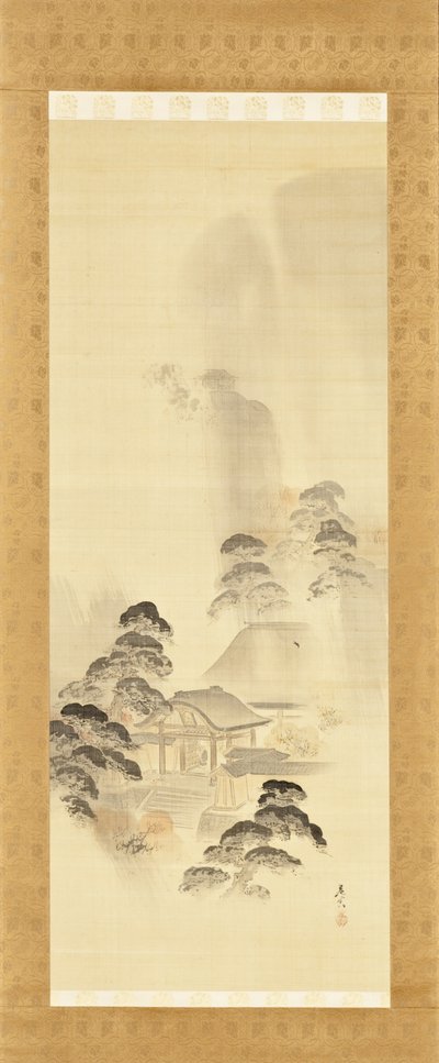 Tempel i höstregn av Shibata Zeshin