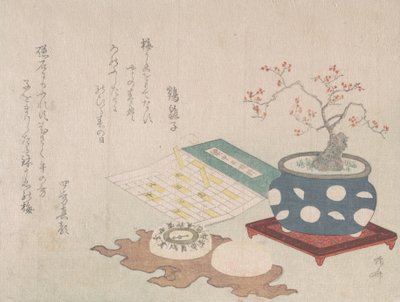 Bonsai plommon, kompass och ficksolur med design av kalender, från Spring Rain Surimon..., 1806. av Shinsai