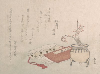 Potted plum Tree in Blossom and Books, 1800-talet., 1800-talet. av Shinsai