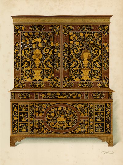 Skåppress inlagd med Marqueterie, egendom av Marquess of Exeter (chromolitho) av Shirley Charles Llewellyn Slocombe