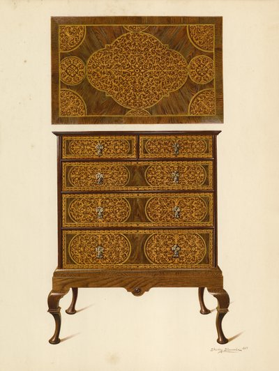 Byrå inlagd med Marqueterie (chromolitho) av Shirley Charles Llewellyn Slocombe