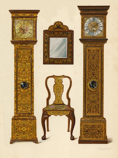 Klocka inlagd med ljust inta, egendom av Percy Macquoid; Klocka inlagd med Dark Marqueterie, Victoria and Albert Museum; Valnötsstol inlagd med Marqueterie; Spegel (chromolitho) av Shirley Charles Llewellyn Slocombe