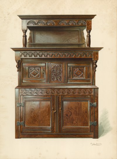 Oak Court Cupboard (Tridarn), tillhörande H Clarence Whaite (kromolit) av Shirley Charles Llewellyn Slocombe