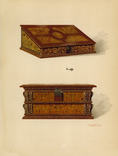 Oak Inlaid Box, egendom av Edward Quilter; Oak Inlaid Box, egendom av Edward Quilter (chromolitho) av Shirley Charles Llewellyn Slocombe