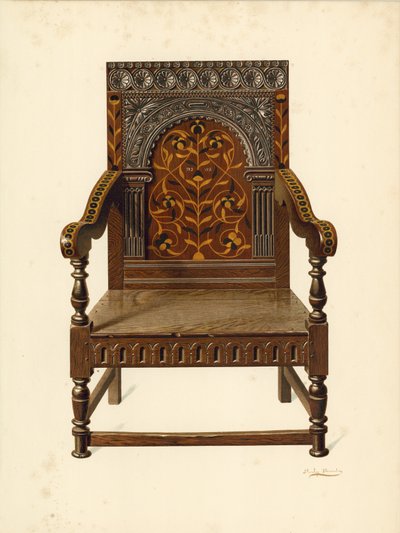 Oak Inlaid Chair, egendom till Miss Dorothy Chune Fletcher (chromolitho) av Shirley Charles Llewellyn Slocombe