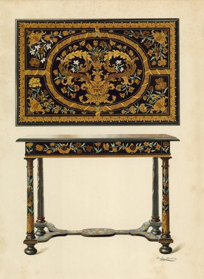 Bord med inläggningar av marqueterie, tillhörande Lord Zouche of Haryngworth (kromolit) av Shirley Charles Llewellyn Slocombe