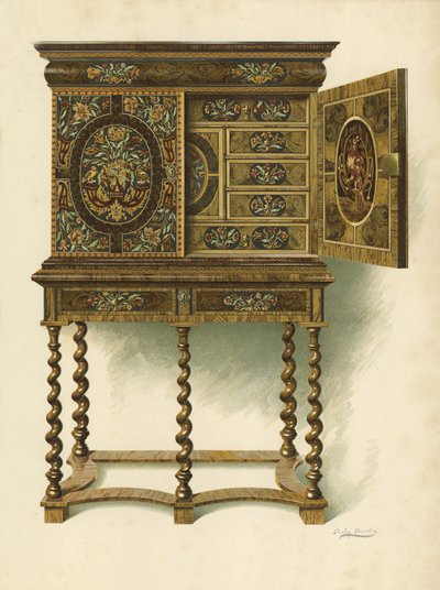 Valnötsskåp inlagt med Marqueterie, egendom av The Hon Charlotte Maria Lady North och R Eden Dickson (chromolitho) av Shirley Charles Llewellyn Slocombe