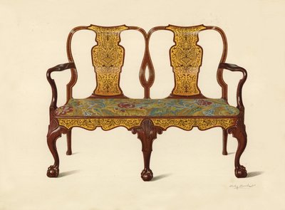 Soffgrupp i valnöt med inläggningar av markveteri, egendom av Percy Macquoid (kromolit) av Shirley Charles Llewellyn Slocombe