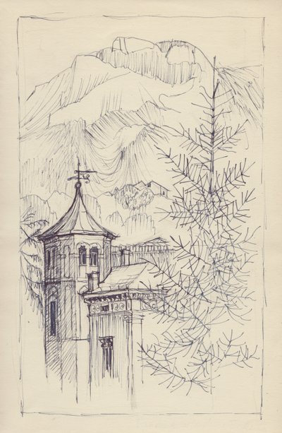 Kyrka och berg, Italien, c1950. av Shirley Markham
