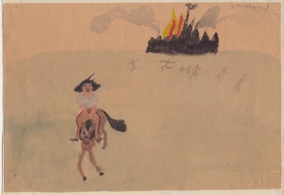 Flicka på häst som flyr flammande fort, c1941. av Shirley Markham