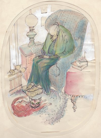 Gammal kvinna och katt, 1951. av Shirley Markham