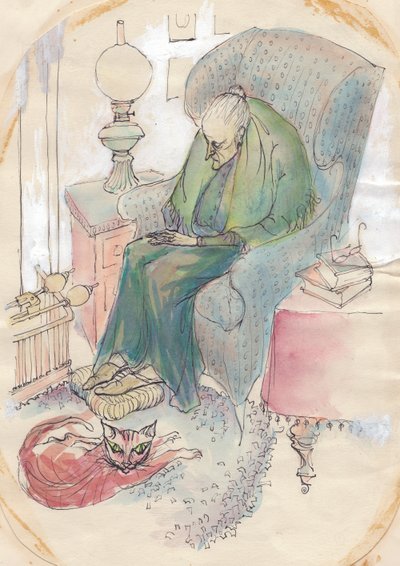 Gammal kvinna och katt, 1951. av Shirley Markham