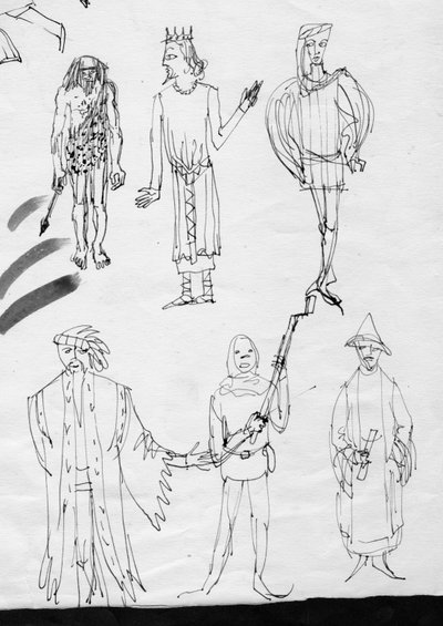 Sida med skisser, människor i tidstypisk dräkt, c1950. av Shirley Markham