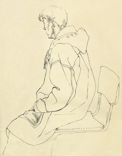 Sittande man i duffelcoat, c1952. av Shirley Markham