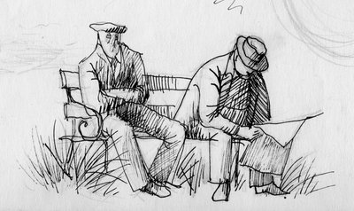 Två män på en bänk, ca 1950. av Shirley Markham