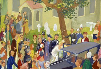 Bröllopsgrupp på kyrkogården, c1948. av Shirley Markham