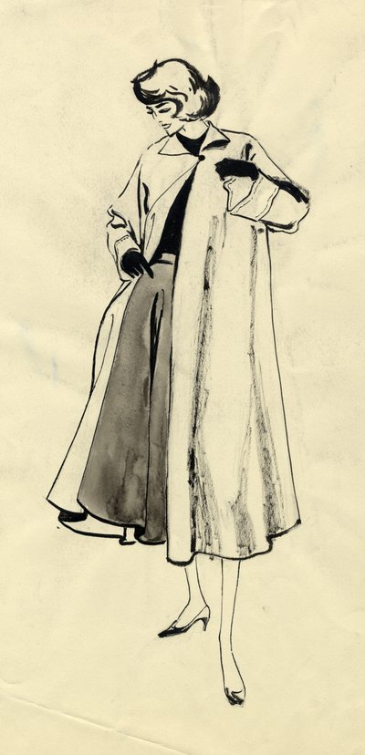 Kvinna i kappa och hel kjol, c1950. av Shirley Markham