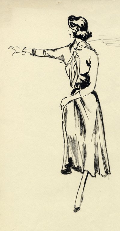 Kvinna i hel kjol med utsträckt arm, c1950. av Shirley Markham
