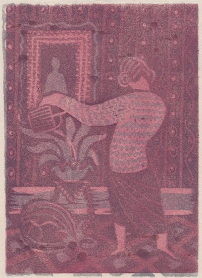 Kvinna som vattnar växter, c1951. av Shirley Markham