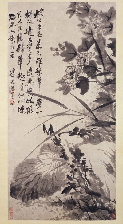 Hibiscus, Lotus och Rock, ca. 1705-7. av Shitao