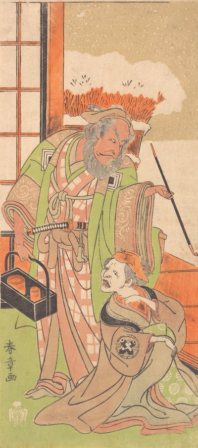Scen från andra akten av dramat Kawaranu Hana Sakae Hachinoki, 12:e månaden, 1769. av Shunsho