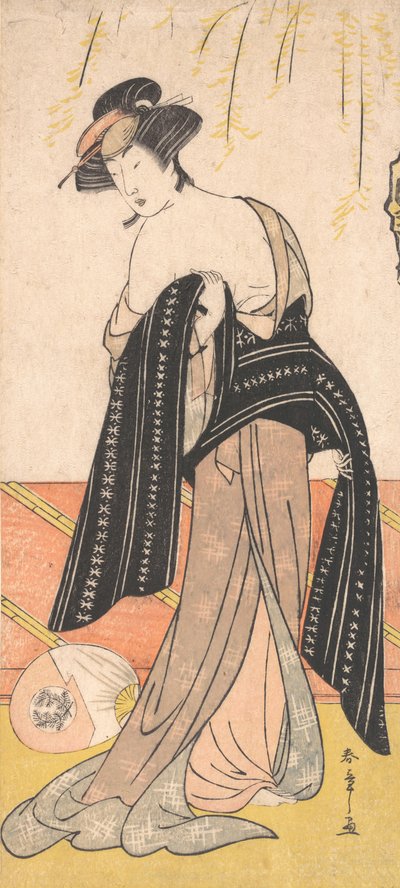 Skådespelaren Nakamura Riko som en Oiran som binder sin Obi, ca. 1779. av Shunsho