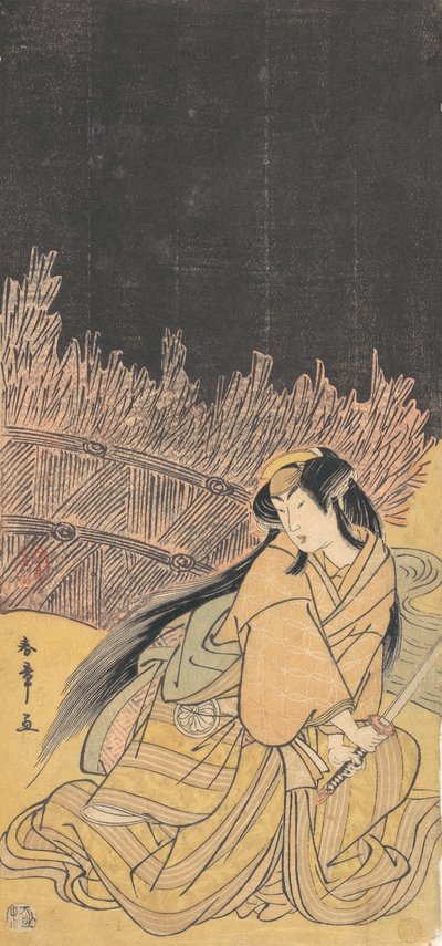 Den tredje Segawa Kikunojo som en kvinna i hukande ställning, 1778. av Shunsho