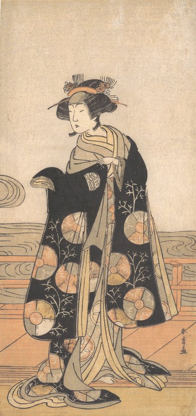 Yoshizawa Iroha som en kvinna som står på Engawa i ett hus vid en flod, ca. 1778. av Shunsho