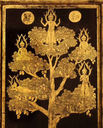 Bakpanel av ett manuskriptskåp med buddhistiska scener, troligen sen Ayutthaya-period (lackerat och förgyllt trä) av Siamese School