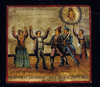 Ex-voto (ex voto) sicilianska: "" Genom mirakel räddar Carabinier Lanza greve Magri den 24/05/1867"". Representation av en brigandage (Brigantaggio): en rånare attackerar sin pistol på paret Magri medan karbinhaken överraskar honom bakifrån. . av Sicilian School