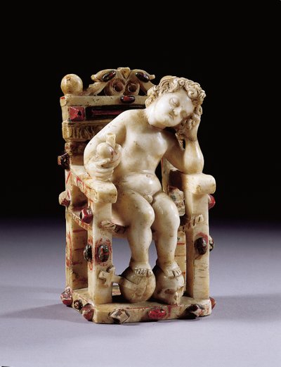 Figur av det späda Kristusbarnet sittande på en tron, tidigt 1600-tal (paketförgylld polykrom snidad alabaster) av Sicilian School