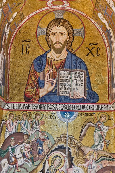 Palatinska kapellet (basilikan), södra absiden eller St Pauls "absidiola", mosaiker: "Christ Pantocrator" och "Nativity", XII-talet av Sicilian School
